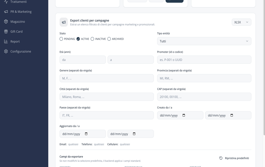Quantum CRM export filter screen from the project portfolio.