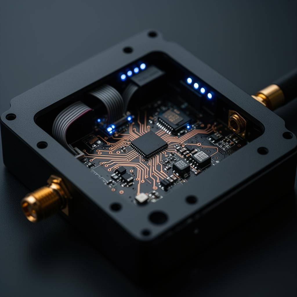 Macro photograph of an industrial IoT edge device — PCB, antenna and status LEDs.