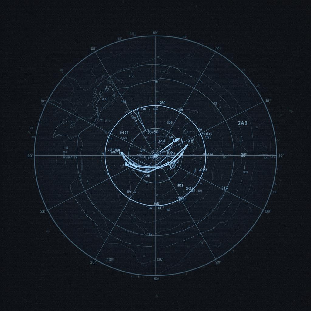 Abstract AIS-style radar plot with vessel tracks and bearing arcs.
