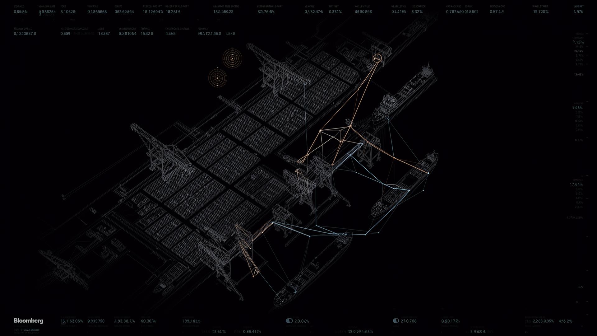 Abstract isometric view of a container port — quays, cranes and route flows.